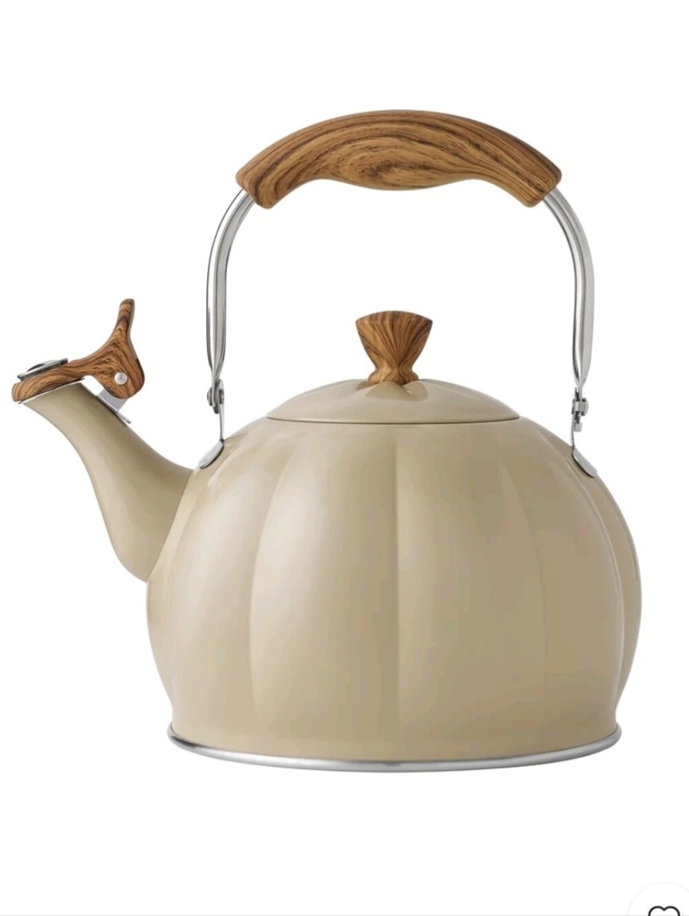 New The Pioneer Woman Taupe Pumpkin Whistling Tea Kettle with Wood-Tone Handle